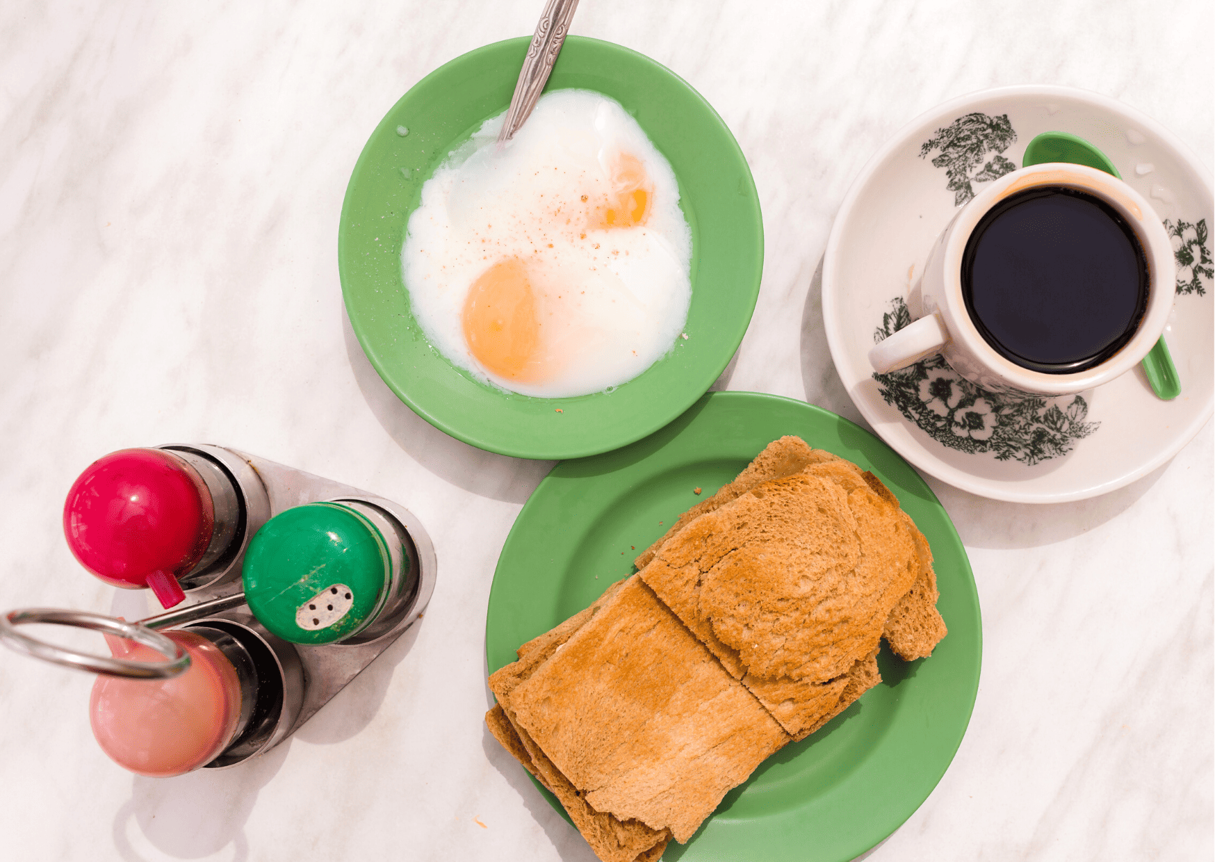 Traditional Breakfast in Singapore - Kaya Toast with Kopi and Soft Boiled Eggs