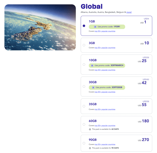 Jetpac Review - The Newest eSIM to Beat the Oldies in the Market 2 Jetpac's most versatile eSIM plan, the Jetpac Global starting at $1 USD for 1GB - Jetpac eSIM | Jetpac eSIM Review