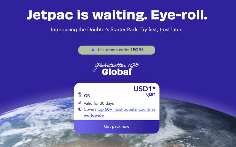 Jetpac Review - The Newest eSIM to Beat the Oldies in the Market 1 As part of Jetpac eSIM early offers to encourage users, they have multiple $1 USD deals on site, Jetpac Review