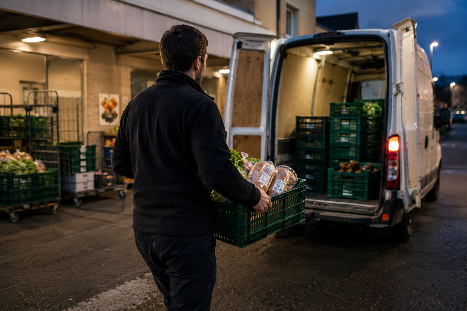 03 grocery worker carrying crate to van